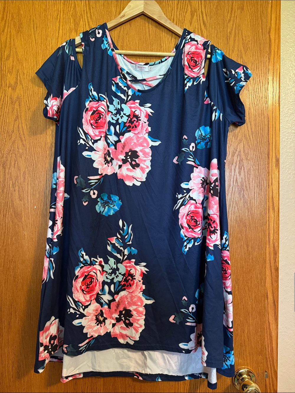 Navy Floral Shift Dress with Pink Rose Print
